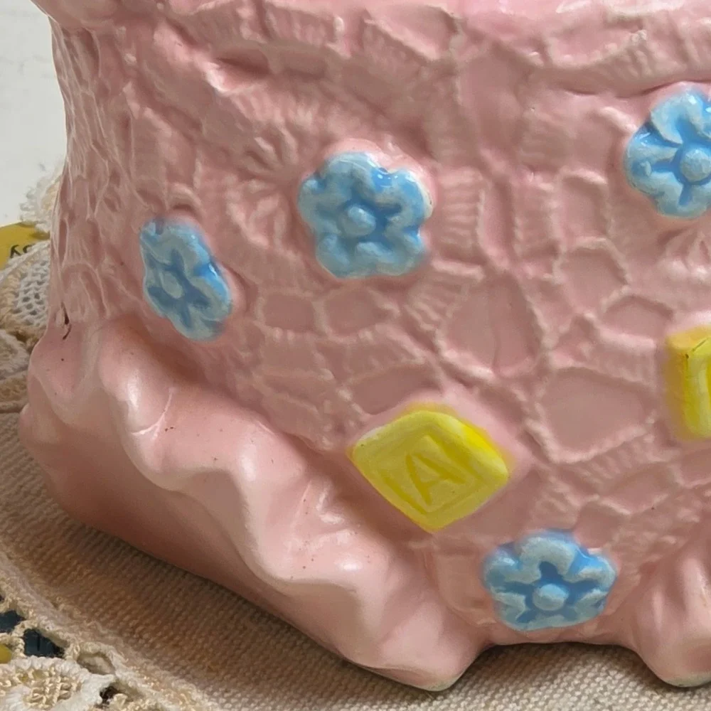 Vintage Pink Ceramic Baby Diaper Planter Lace Texture Blue Flowers ABC Blocks‎